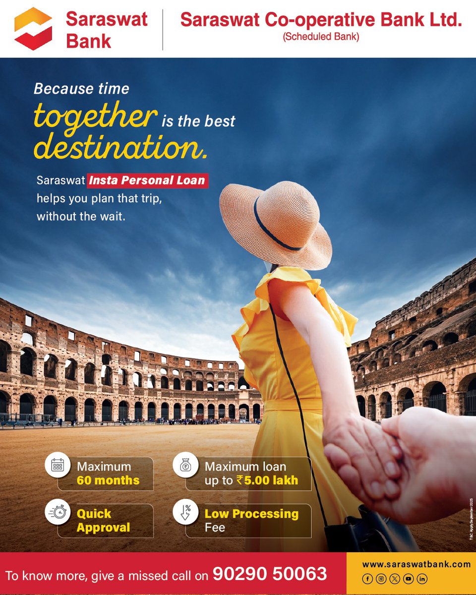 Every journey feels more special when it’s shared with the ones you love. With Saraswat Insta Personal Loan, you don’t have to postpone your travel dreams. Enjoy quick approvals, flexible tenures and easy access to funds that make every destination closer than you think.