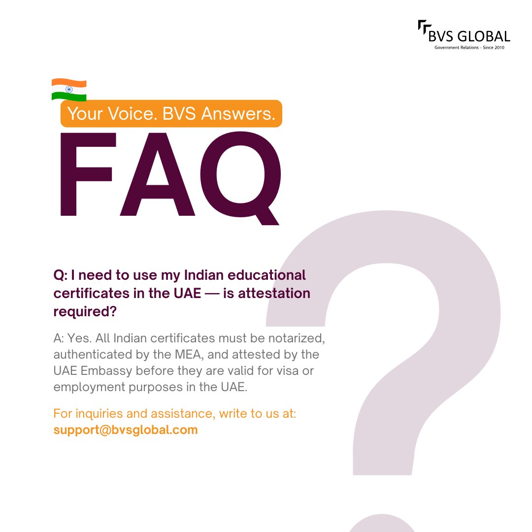 BvsGlobal's tweet image. Heading to the UAE for work/study with Indian certificates? 
Attestation is mandatory:
✅ Notarization
✅ MEA authentication
✅ UAE Embassy attestation
Without it → no visa or job approval.
#AskBVS #WeekendFAQs #Attestation #UAEVisa