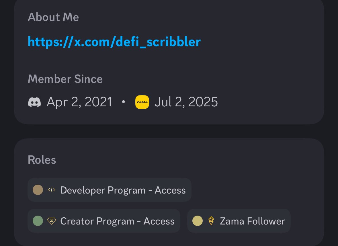plasma raised $74M at a $500M valuation and its about to reward it’s early contributors/role holders with 5 figures 

<a href="/zama_fhe/">Now @zama</a> raised $130M at a $1B valuation, I’m certain the same playbook will apply 

there are 8 roles you can claim in Zama discord 

the easiest role you can