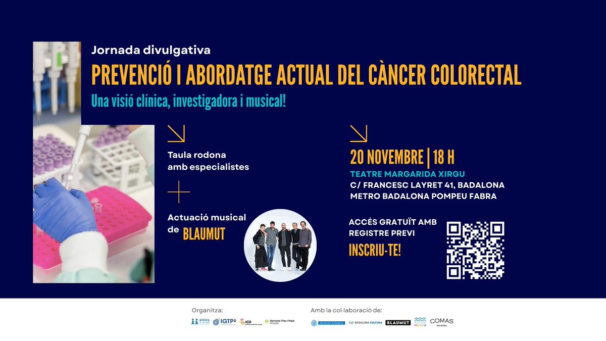 📢 El pròxim 20 de novembre es celebrarà una jornada divulgativa sobre càncer colorectal al teatre Margarida Xirgu

🔬 Taula rodona amb especialistes
🎵 Actuació musical de <a href="/blaumut/">Blaumut</a>

Més informació i registre: amicsdecanruti.org/jornada-divulg…
#AmicsdeCanRuti <a href="/ICO_oncologia/">Institut Català d'Oncologia</a> <a href="/zorrillabdncat/">Teatre Zorrilla</a>
