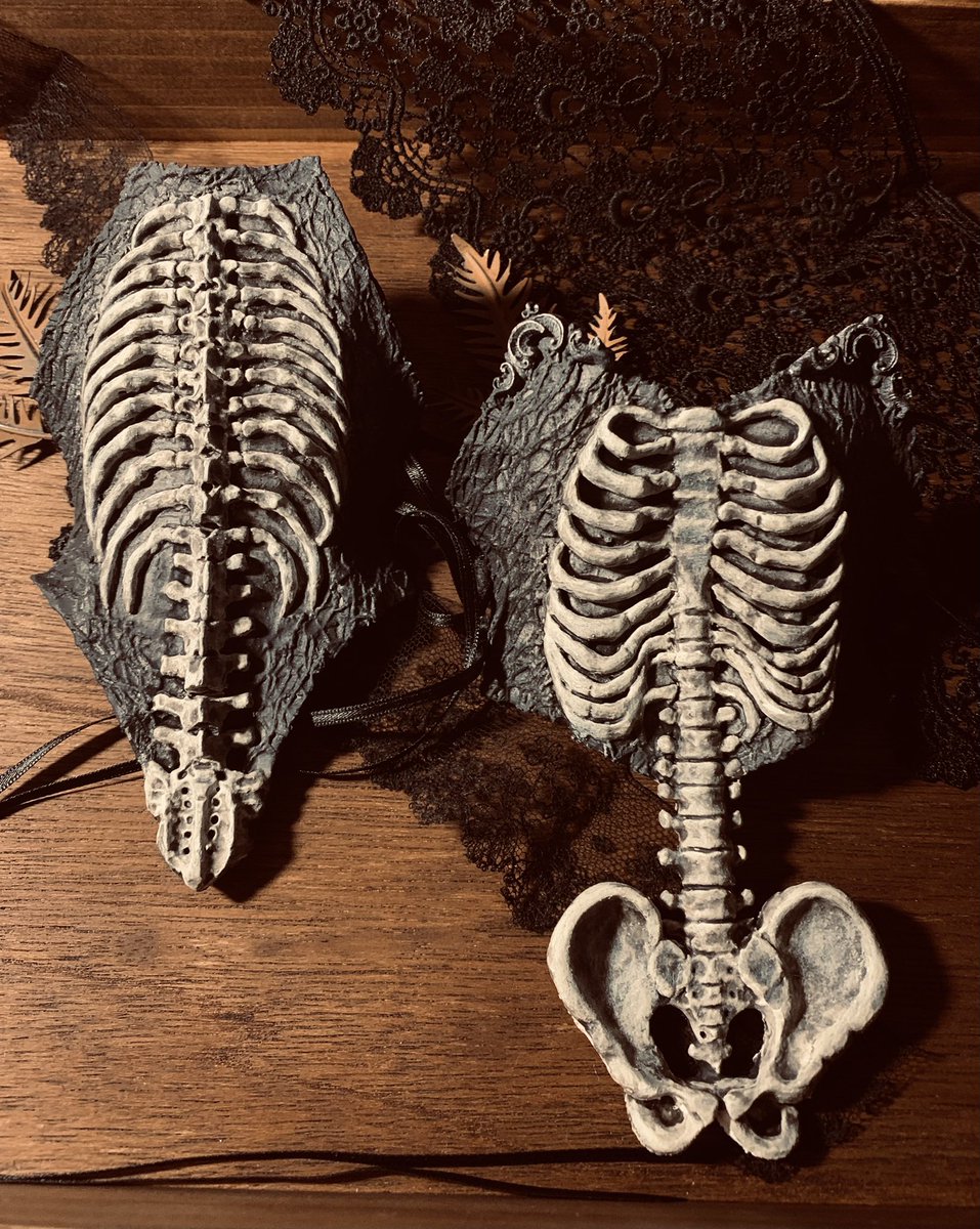 ビスチェ風覆いにペイント終了。
色が付くとちょっと骨🦴っぽくなったような…😊。

前側と後ろ側を両サイドのリボンをビスチェ風に通して着付けます。