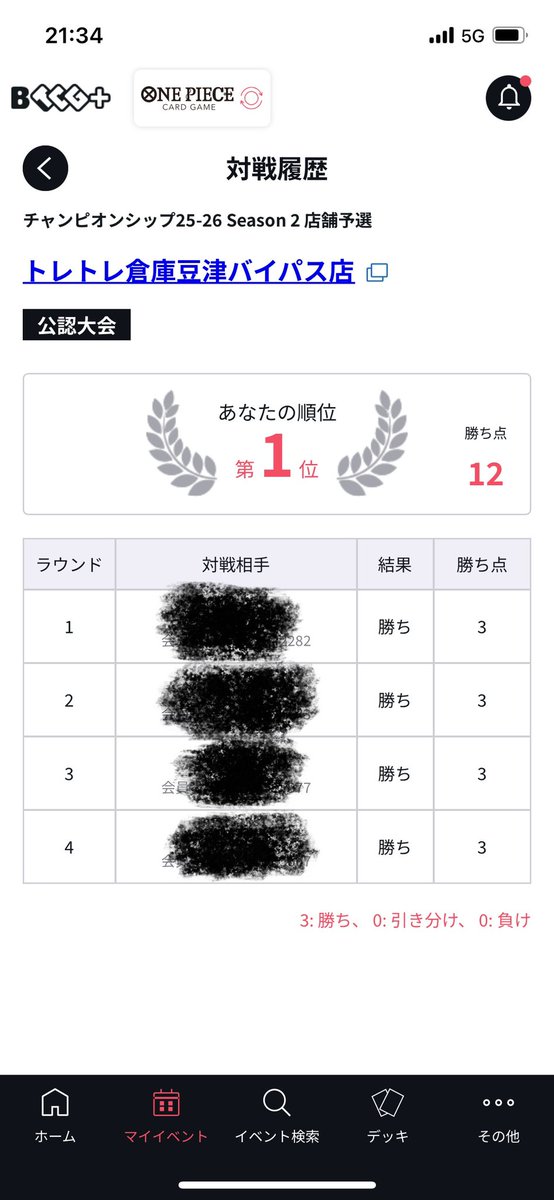 店舗予選
リーダー緑ボニー
紫ルフィ先⭕️
赤青エース後⭕️
赤紫ロジャー先⭕️
赤青エース後⭕️

3度目でようやく上がれました😅
緑ボニー以外使えないかも😂