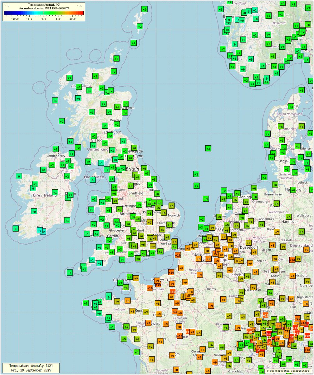 19 Sep 2025
12 UTC
Temp anomalies
Mild in the E closer to average further W.
Very mild across SE of England, and super mild across parts of France &amp; Belgium.
#ukweather 
<a href="/bbcweather/">BBC Weather</a> <a href="/metoffice/">Met Office</a>