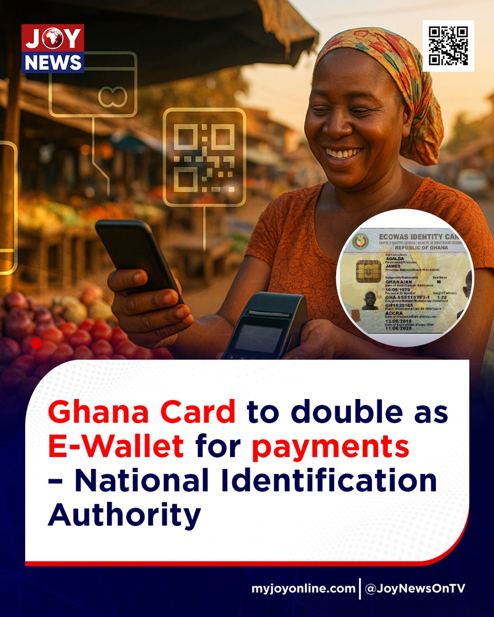 JoyNewsOnTV's tweet photo. Ghana Card to double as E-Wallet for payments – National Identification Authority

#JoyNews https://t.co/mBdqd5o4zA