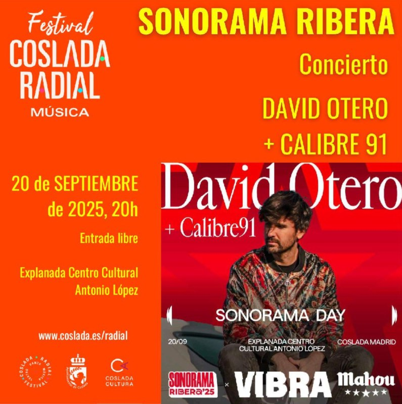COSLADA RADIAL | Coslada da la bienvenida al Sonorama Ribera con el concierto de David Otero. Este sábado 20 de septiembre a las 21.00 horas en la explanada del Centro Cultural Antonio López, la ciudad acogerá por primera vez un concierto del festival.

👉 coslada.es/cultura-y-fies…