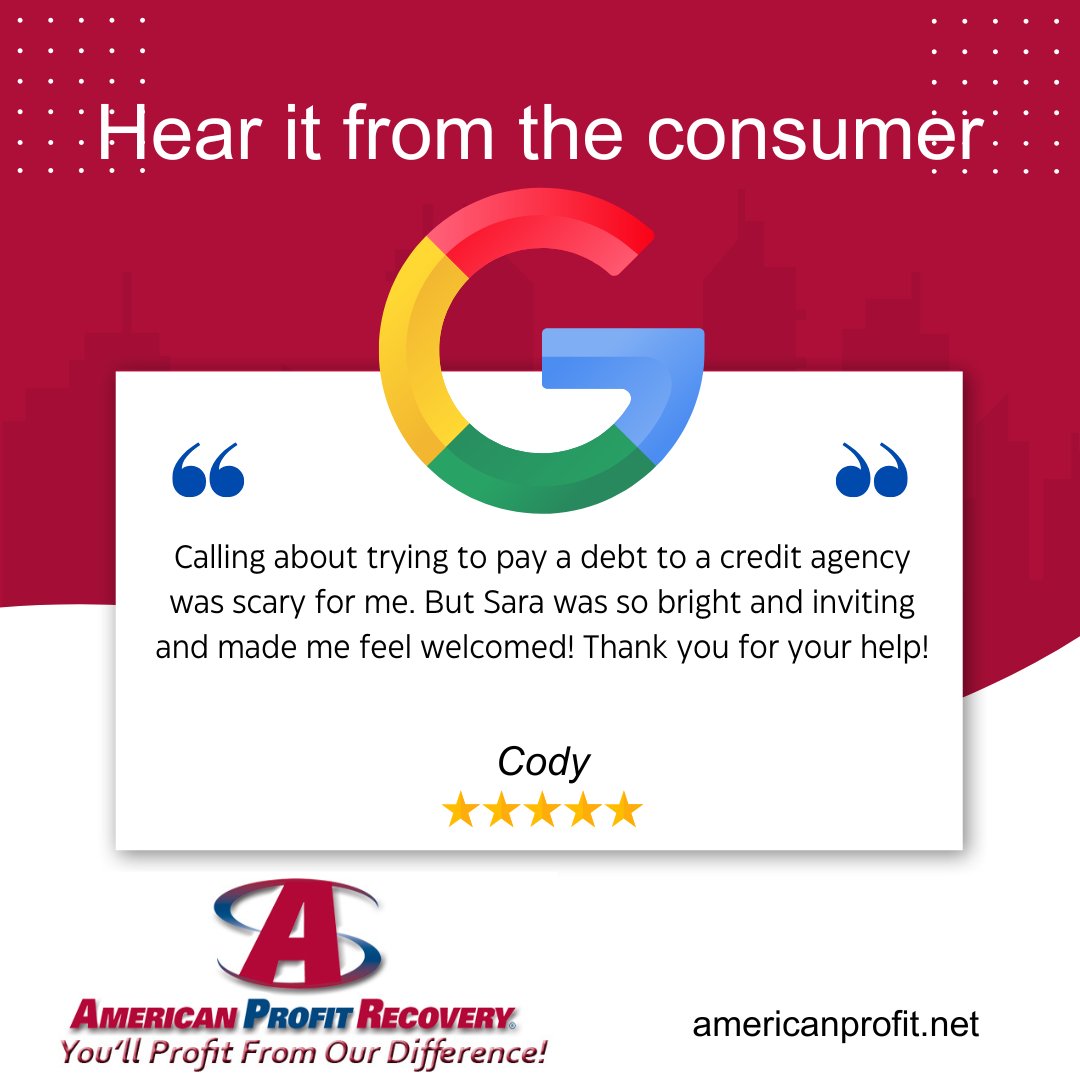 Bright, inviting, cheerful, welcoming and a helping attitude. Consumers who speak with our professional debt collectors get a different experience.