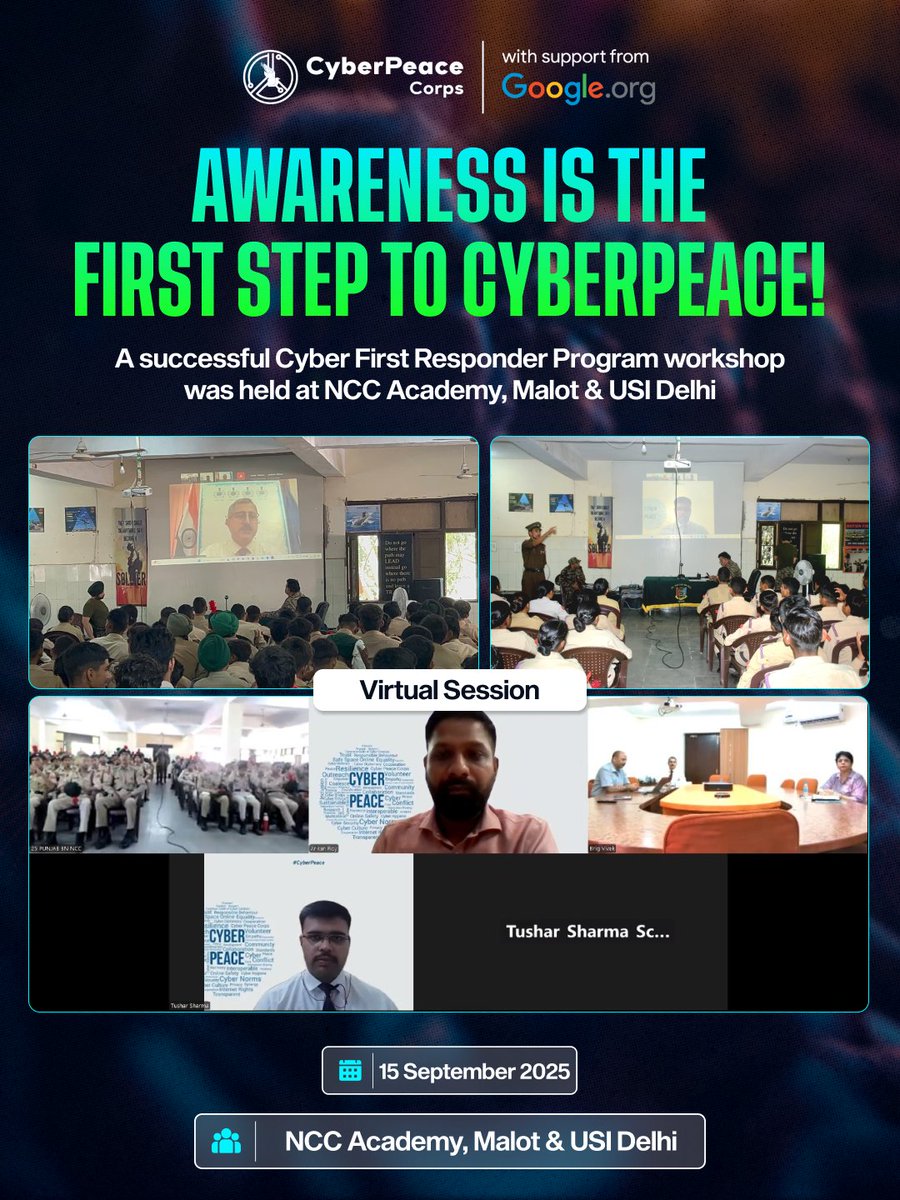 #CyberPeace☮ conducted a #CyberAwareness workshop under the Cyber First Responder Program at NCC Academy, Malot &amp; <a href="/USIofIndia/">United Service Institution of India</a>, Delhi. 

👥 With the participation of 500+ Officers, Staff &amp; 25 Punjab Battalion National Cadet Corps (NCC), Abohar, the session was all about building