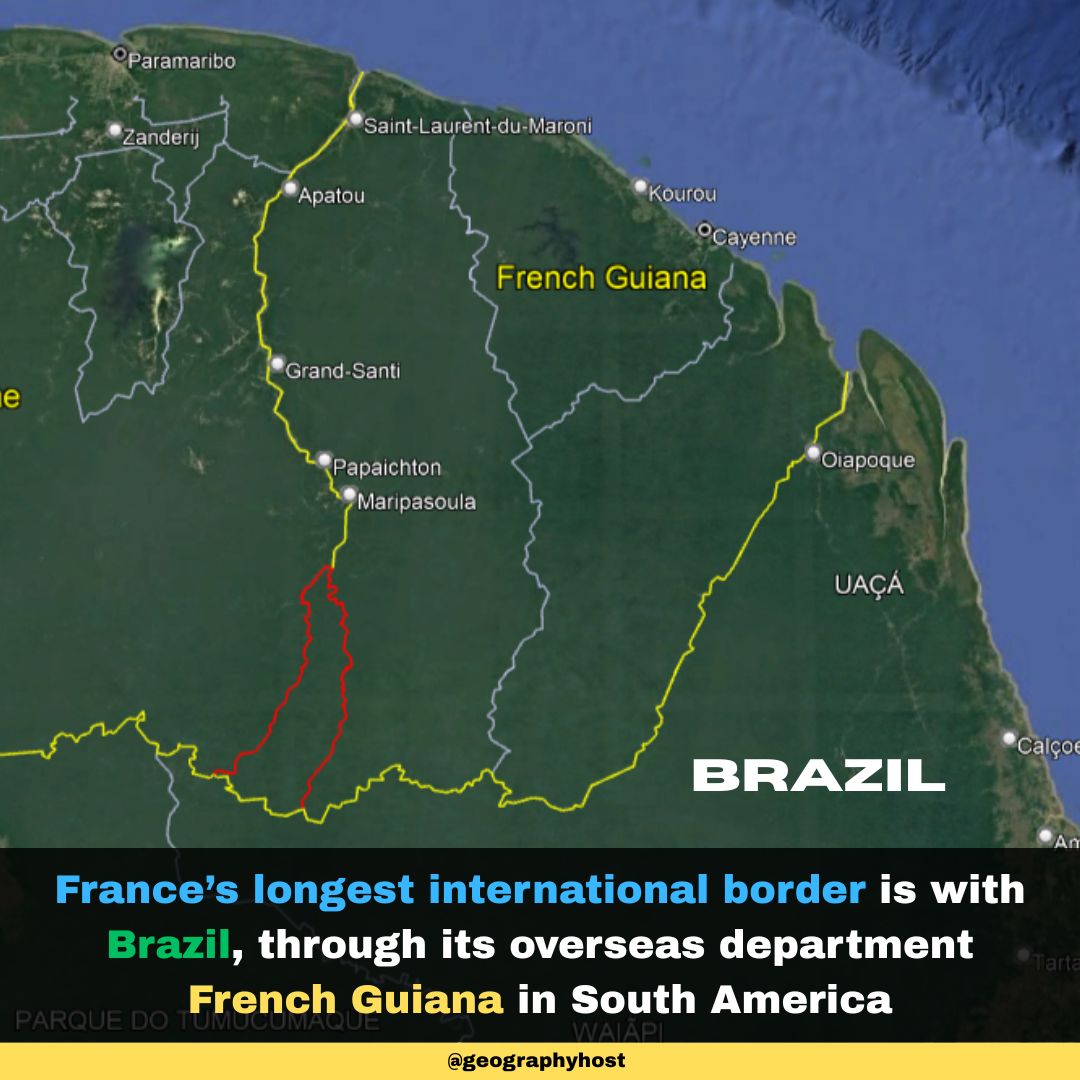Geography Host (@geographyhost) on Twitter photo Franceโs longest international border is with Brazil, through its overseas department French Guiana in South America. Franceโs longest international border is with Brazil, through its overseas department French Guiana in South America.