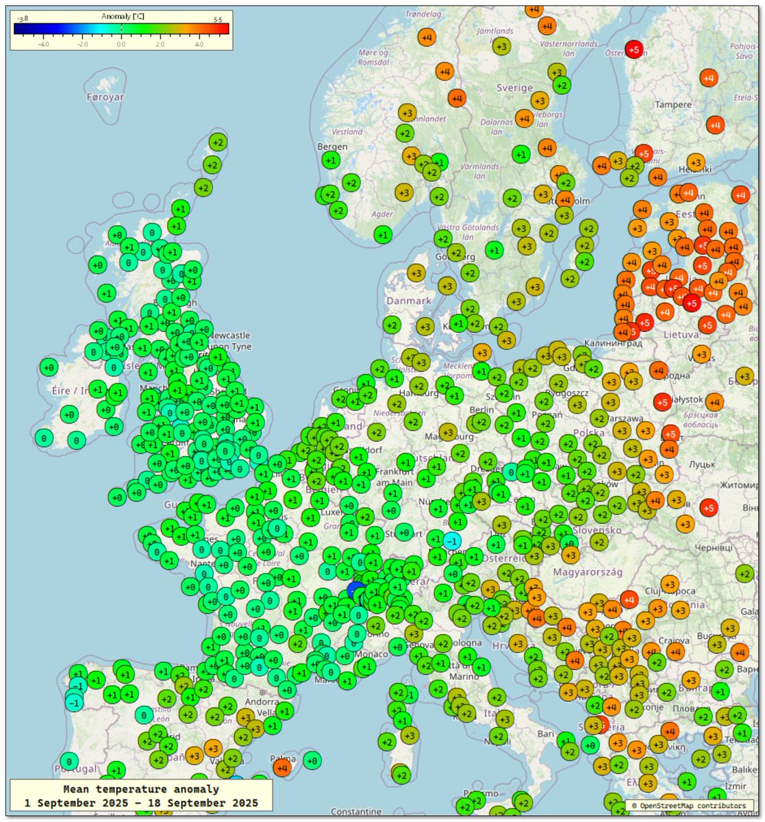 1-18 Sep 2025
Mean Temp Anomalies
Temperatures have been generally close to, or a little above average, across W Europe, but warmer further E, particularly in Scandinavia &amp; the Baltic States.
#ukweather
<a href="/bbcweather/">BBC Weather</a> <a href="/metoffice/">Met Office</a>