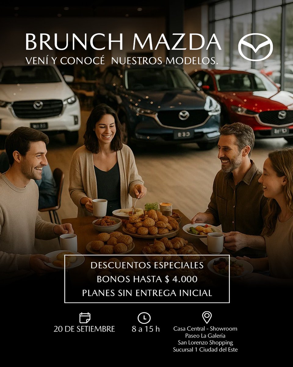 Te invitamos a conocer más de todos nuestros modelos y beneficios este sábado 20 de septiembre y compartir juntos de un exquisito brunch.

Te esperamos de 8 a 1515 hshs