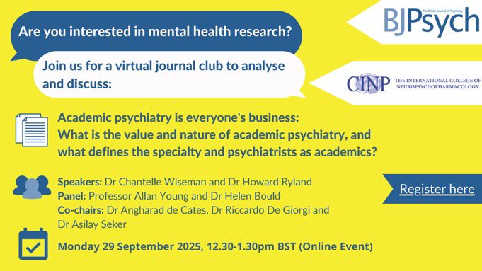 CINP (@thecinp) on Twitter photo 📣Join <a href="/theCINP/">CINP</a> and <a href="/TheBJPsych/">BJPsych Journals</a> joint journal club to discuss the future of academic psychiatry with <a href="/ImperialBrains/">Imperial Department of Brain Sciences</a> Prof Allan Young and experts!
⏰: Monday 29th September 12.30-13.30 BST
Free registration: tinyurl.com/np96w7a3
Read the paper: tinyurl.com/5cvfue9a 📣Join <a href="/theCINP/">CINP</a> and <a href="/TheBJPsych/">BJPsych Journals</a> joint journal club to discuss the future of academic psychiatry with <a href="/ImperialBrains/">Imperial Department of Brain Sciences</a> Prof Allan Young and experts!
⏰: Monday 29th September 12.30-13.30 BST
Free registration: tinyurl.com/np96w7a3
Read the paper: tinyurl.com/5cvfue9a