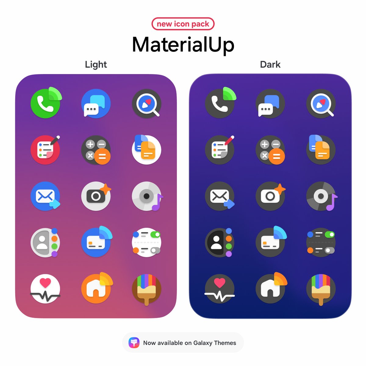 The light and dark icon packs of the MaterialUp theme are now available for download on the Samsung Galaxy Themes app 🎨

Don't forget to rate and comment on Galaxy Themes and follow me on social media ✨ linktr.ee/flthemes