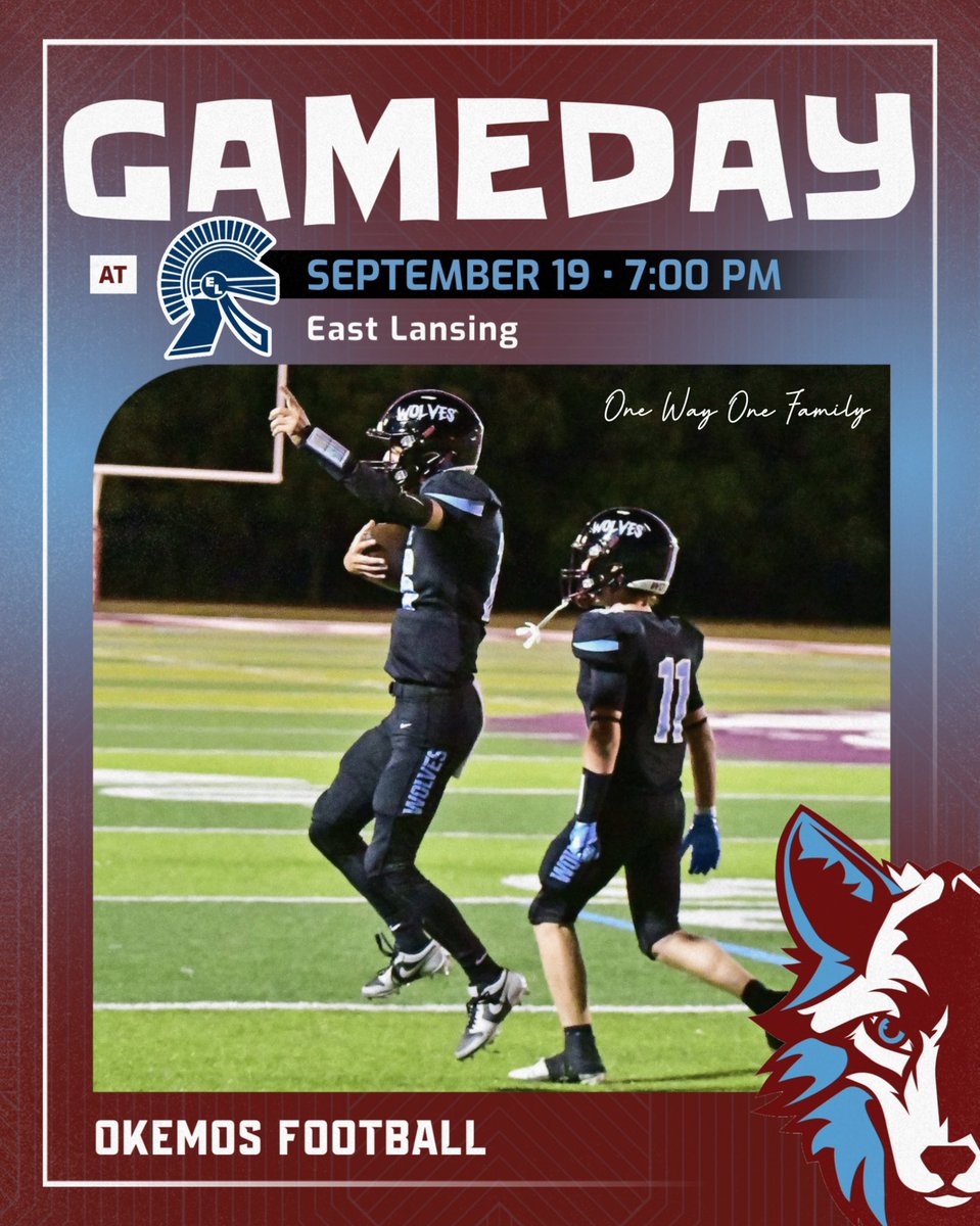 OkemosWolvesFB's tweet photo. Gameday!!

🆚 East Lansing
🏟️ ELHS - Lynn C. Adams Stadium

Kickoff at 7:00pm.

Tickets 🎟️: https://t.co/8wzpEIZrHj

#1W1F https://t.co/lRMunwseKE