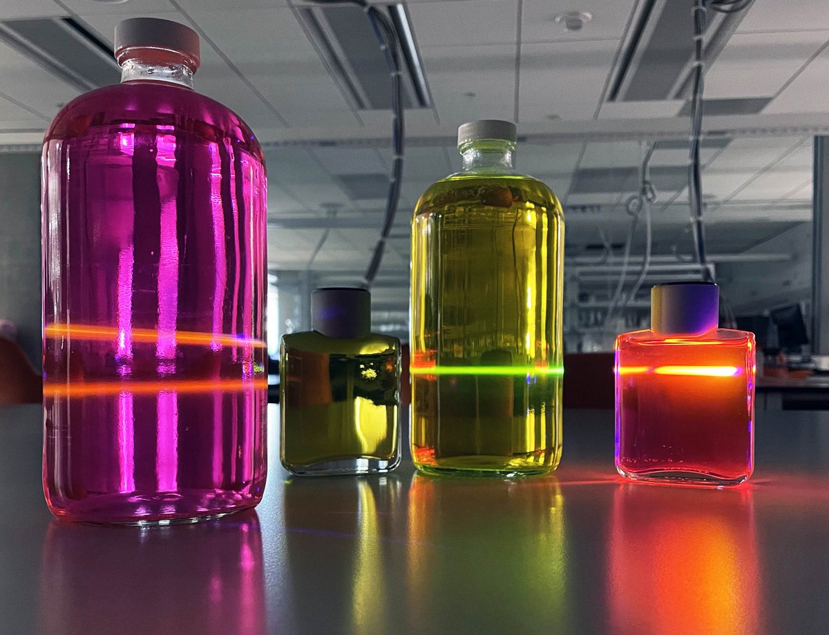 erin_rod_phd's tweet image. 💜💚🧡An optics demonstration!💚💜🧡
I filled bottles with fluorescein &amp;amp; sulforhodamine B. A UV laser pointer excites the dyes to fluoresce. 

#FluorescenceFriday #Optics #Photonics #Laser
