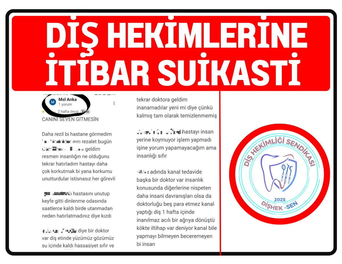‼️DİŞ HEKİMLERİNE İTİBAR SUİKASTİ 

Sağlık Bakanlığı’na bağlı ADSM, ADSH, İlçe Devlet Hastaneleri, Şehir Hastaneleri, EAH'leri ve Birinci Basamakta tedavi hizmeti verilen birimlerde çalışan diş hekimleri hakkında, kurumların web sayfalarında, hastalar tarafından yorum