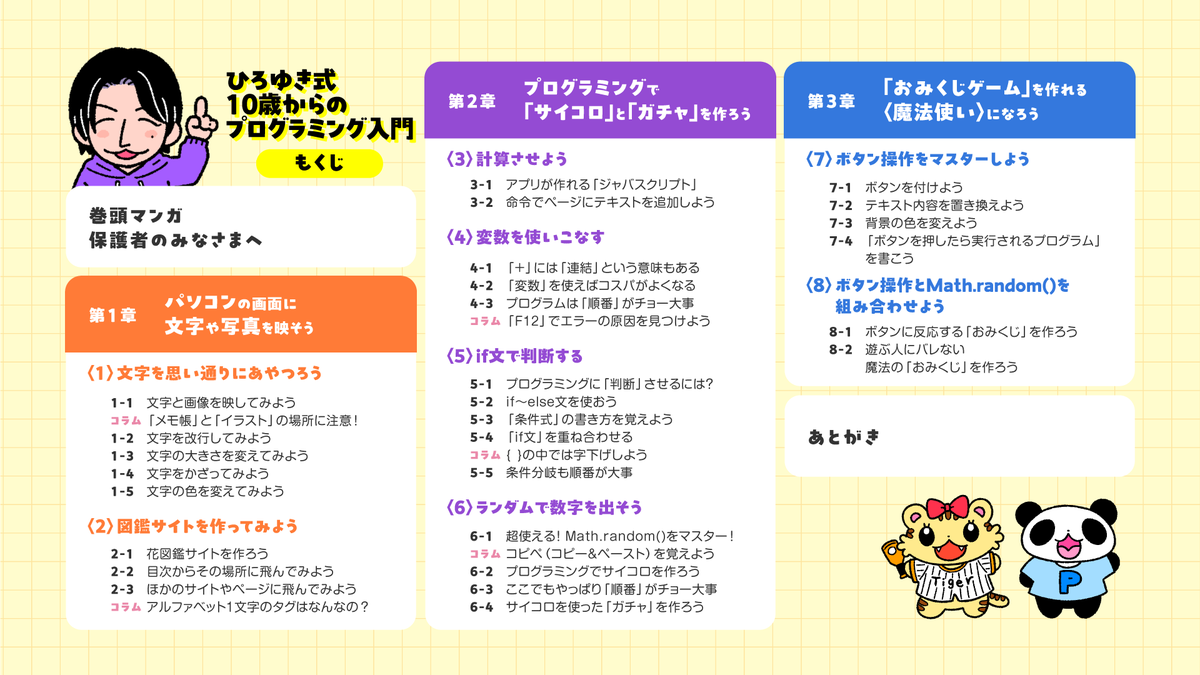 hirox246's tweet photo. 『ひろゆき式　10歳からのプログラミング入門』を作りました。
コンピューターが理解できる形式に合わせて、文を整形するのがプログラムです。
「DOCTYPE宣言」とかどうでもいいことを語りたがる本が多いせいで難しく誤解される気がしたので排除して、半角全角などミスが増える要素もなくしました。