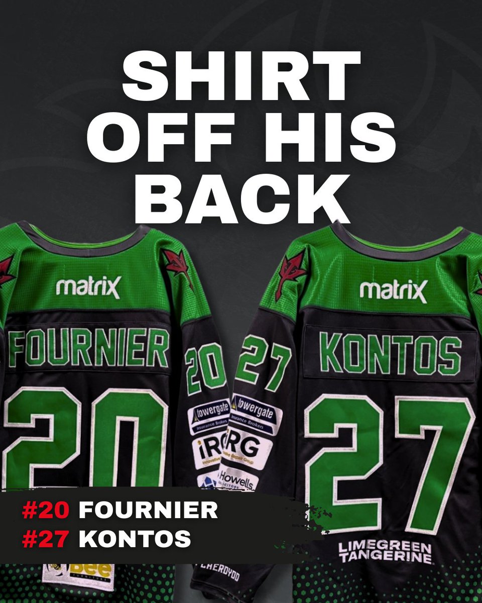 𝗦𝗛𝗜𝗥𝗧 𝗢𝗙𝗙 𝗛𝗜𝗦 𝗕𝗔𝗖𝗞 𝗧𝗢𝗡𝗜𝗚𝗛𝗧

There are 2️⃣ chances to win a game-worn jersey!

⚫️ #20 Gleason Fournier
⚫️ #27 Kristoff Kontos

See our match night crew for your 🎟️