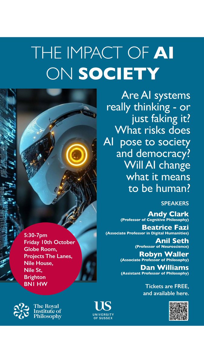 SussexPhilos's tweet image. Join  us for the 1st in a series of 4 public philosophy events in Brighton,  hosted by the Sussex Philosophy Society (University of Sussex), and  sponsored by The Royal Institute of Philosophy. Please register via QR code to guarantee a place.