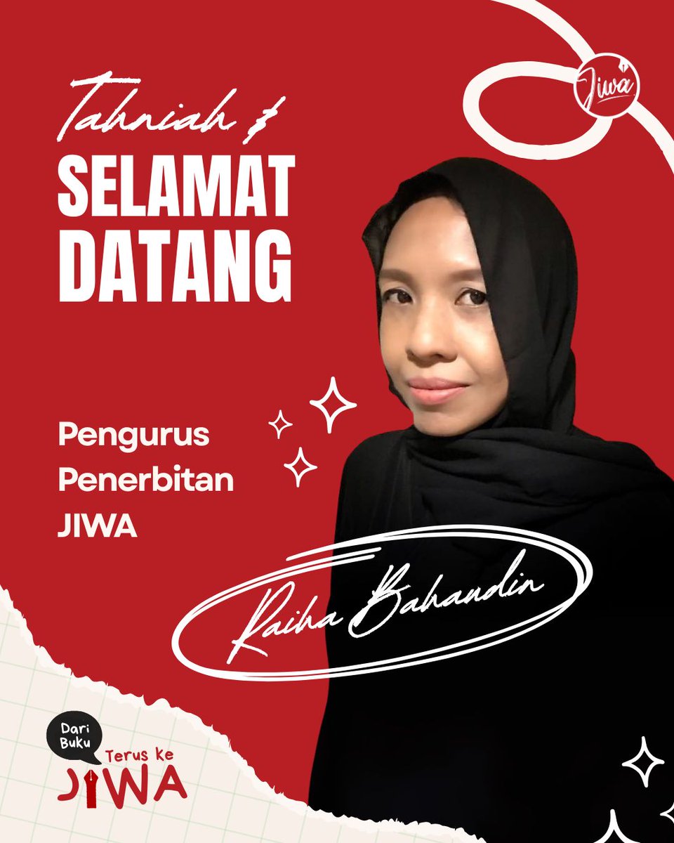 Bismillah...
Memperkenalkan, insan yang tidak perlu lagi diperkenalkan.

Pengurus Penerbitan JIWA <a href="/inibukujiwa/">JIWA - INIBUKUJIWA</a> - <a href="/RaihaBahaudin/">Raiha Bahaudin</a>

Tahniah atas lantikan. Semoga terus sukses membangun karya di JIWA pada fasa baru ini dengan lebih cemerlang.