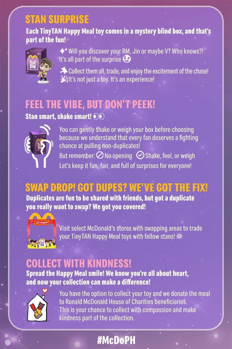 McDo_PH's tweet image. The Magic Door is about to open for Filipino fans ✨

Be more ready when you grab your TinyTAN Happy Meals with these special notes! 

We can't wait to unbox the fun with everyone on September 26. 💜 

See you there! 🤩

#McDoPH #HappyMeal #HappyMealPH
