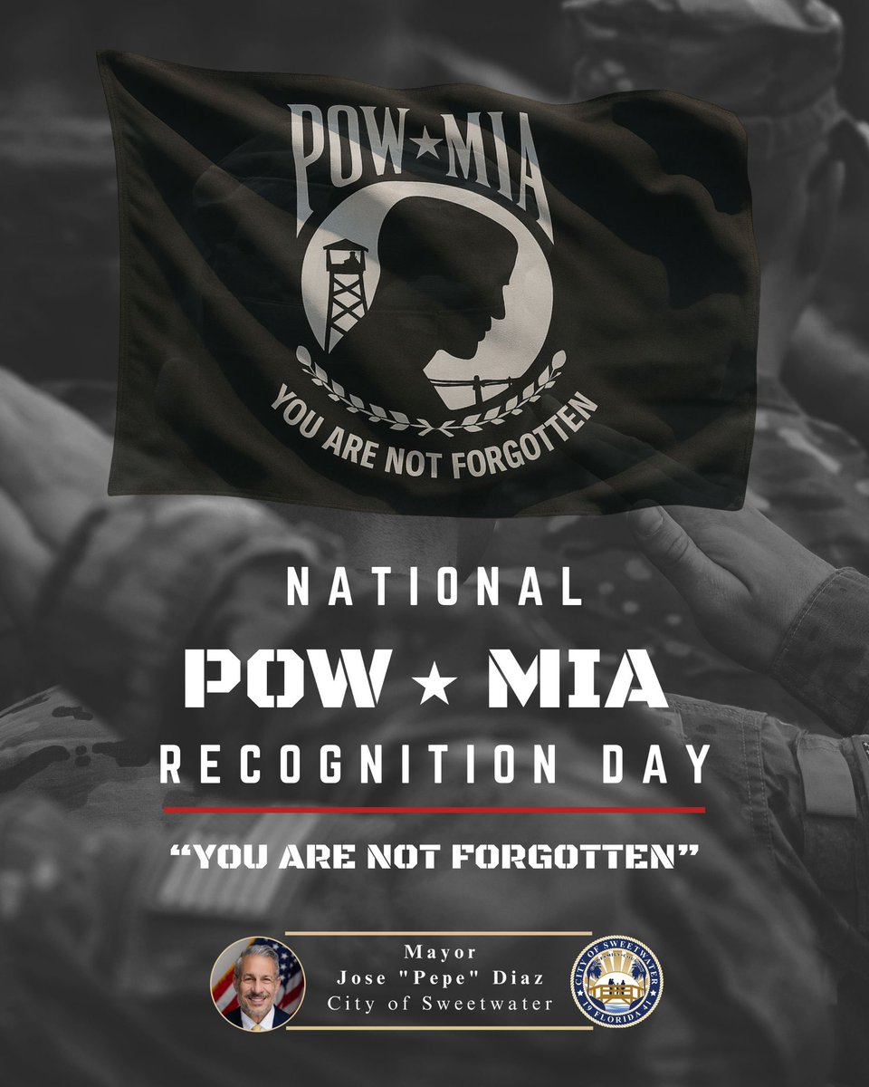 CitySweetwater's tweet image. Today, the City of Sweetwater honors National POW/MIA Recognition Day.  We remember the brave service members who were prisoners of war, those still missing in action, and their families. You are not forgotten. 🇺🇸  #POWMIA #NeverForgotten