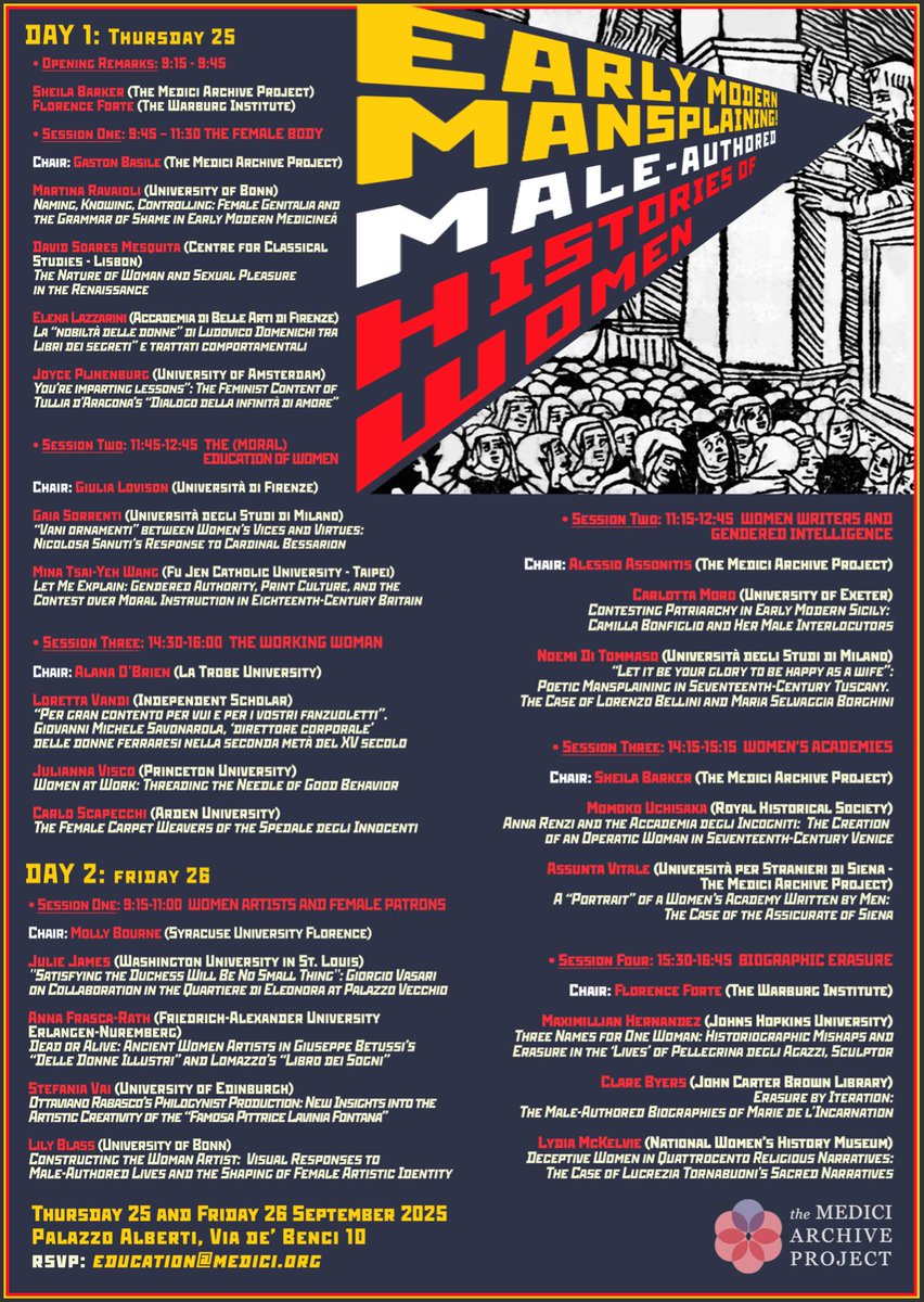 If you're in Florence next weekend, this looks amazing! And fabulous poster, kudos to the graphic designer :)

Conference: "Early Modern Mansplaining! Male-Authored Histories Of Women"
25-26 September 2025
Palazzo Alberti, Via de’ Benci 10, Florence
