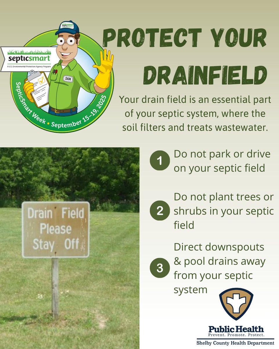 ShelbyTNHealth's tweet image. This is #SepticSmartWeek! If you rely on a septic system, @ShelbyTNHealth encourages you to maintain your drainfield, where the soil filters and treats wastewater. Don&apos;t park or drive over it, plant trees or shrubs in it, &amp;amp; direct water runoff away from the drainfield.