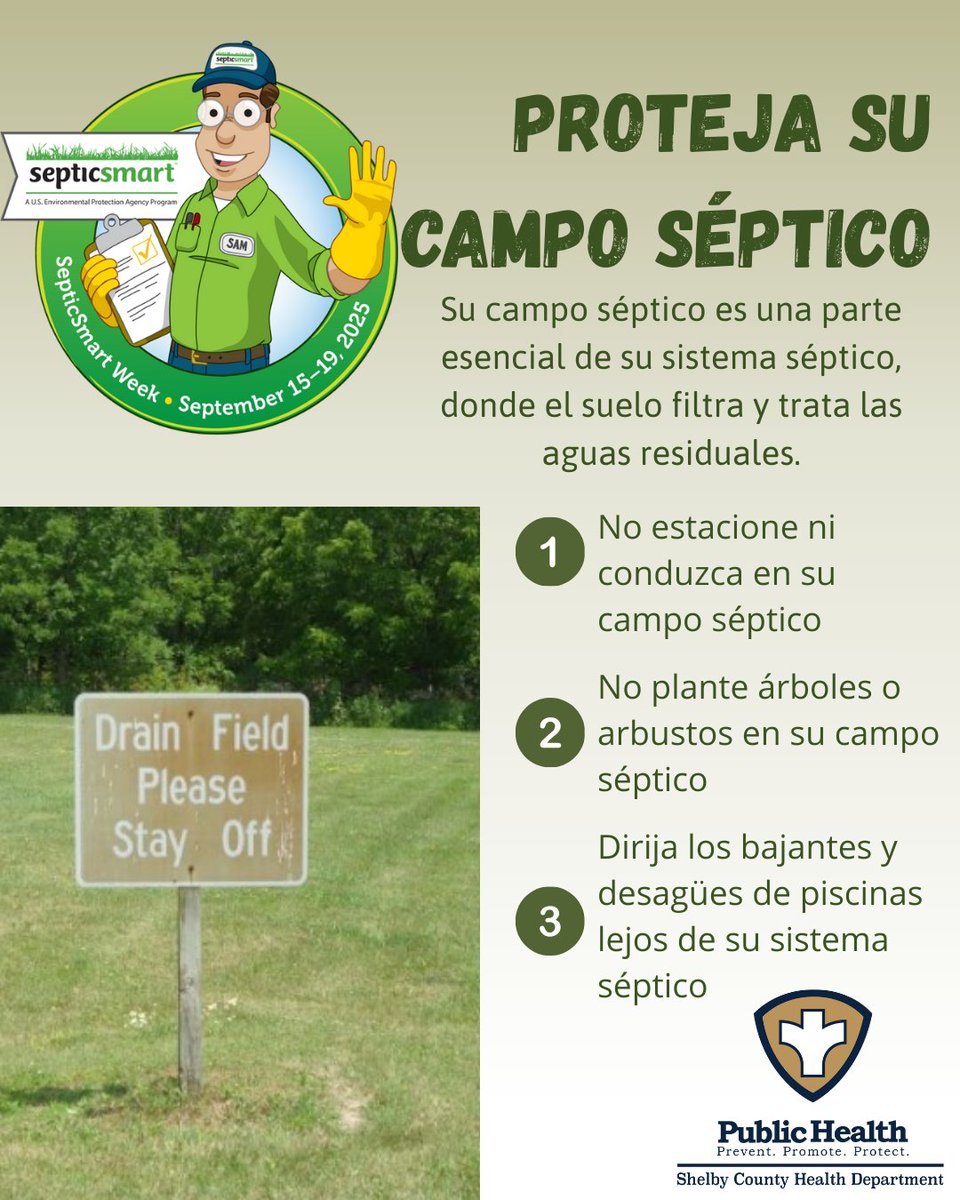 ShelbyTNHealth's tweet image. This is #SepticSmartWeek! If you rely on a septic system, @ShelbyTNHealth encourages you to maintain your drainfield, where the soil filters and treats wastewater. Don&apos;t park or drive over it, plant trees or shrubs in it, &amp;amp; direct water runoff away from the drainfield.