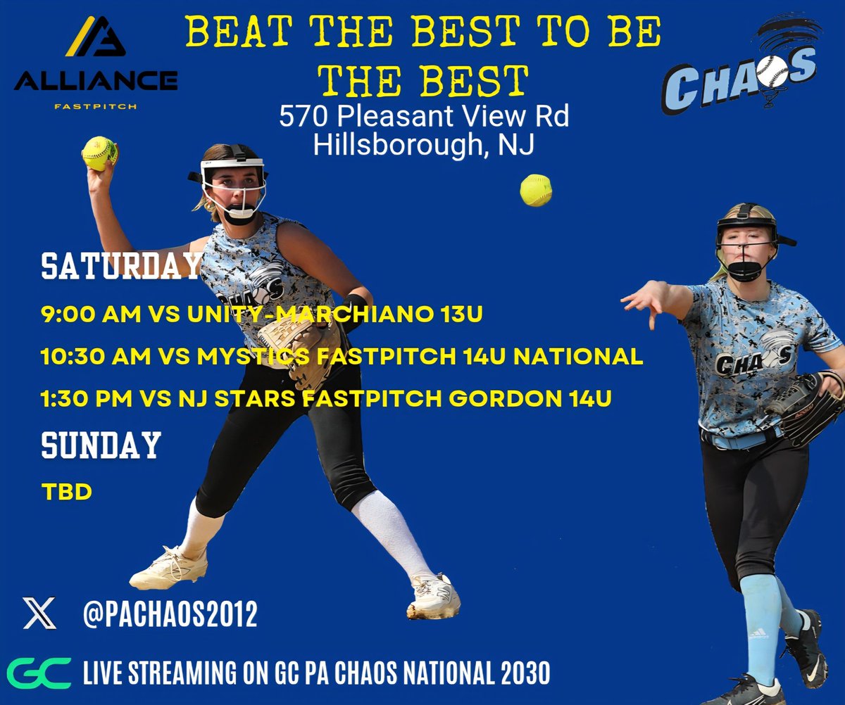 PA Chaos 2012 - Parker (@pachaos2012) on Twitter photo Check us out this weekend! 
<a href="/ExtraInningSB/">EXTRA INNING SOFTBALL</a> <a href="/LineDsoftball/">Line Drive Media</a> <a href="/CoastRecruitsSB/">Coast Recruits 🥎</a> <a href="/PA_recruit/">Pennsylvania Softball Prospects</a> <a href="/SoftballRecruit/">Softball Recruit 🥎</a> <a href="/IHartFastpitch/">I❤️Fastpitch</a> <a href="/d1fastpitch1/">D1 Fastpitch</a> <a href="/TopPreps/">TOP PREPS @TopPreps | X | Sports News & Recruiting</a> <a href="/SoftballPros/">CollegeSoftballProspects</a> Check us out this weekend! 
<a href="/ExtraInningSB/">EXTRA INNING SOFTBALL</a> <a href="/LineDsoftball/">Line Drive Media</a> <a href="/CoastRecruitsSB/">Coast Recruits 🥎</a> <a href="/PA_recruit/">Pennsylvania Softball Prospects</a> <a href="/SoftballRecruit/">Softball Recruit 🥎</a> <a href="/IHartFastpitch/">I❤️Fastpitch</a> <a href="/d1fastpitch1/">D1 Fastpitch</a> <a href="/TopPreps/">TOP PREPS @TopPreps | X | Sports News & Recruiting</a> <a href="/SoftballPros/">CollegeSoftballProspects</a>