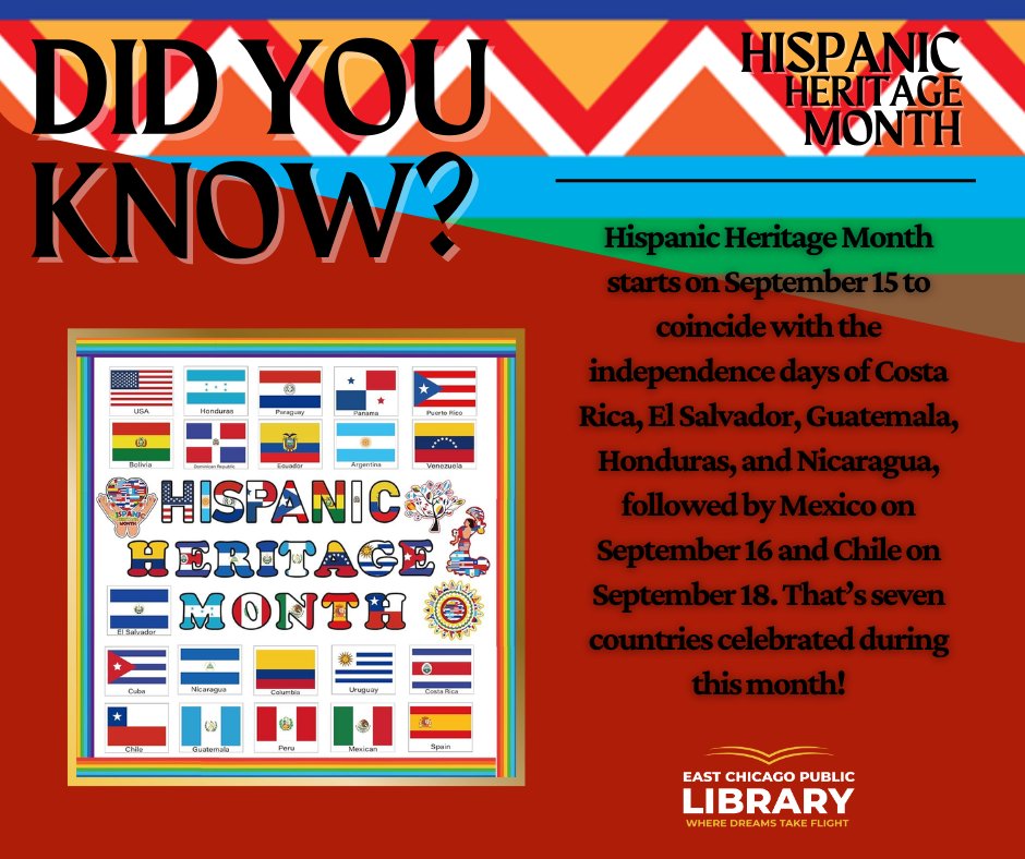 ECPublicLibrary's tweet image. Did you know? ✨ We’ve already celebrated seven countries’ independence days during Hispanic Heritage Month—and there’s still more to come!
#HispanicHeritageMonth #DidYouKnow #ECPL