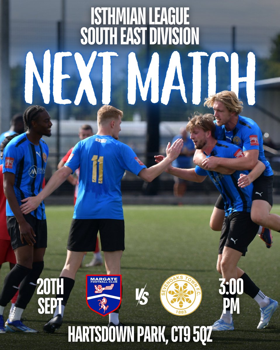 A trip to the seaside tomorrow ⚽️

🗓️ Saturday 20th September 
🆚 Margate
⌚️ 3pm
🏟️ Hartsdown Park, CT9 5QZ
🎫 Adults £11, Concessions £8, U18s Free
🏆 Isthmian League South East

🔵⚫️ | #Sevenoaks #STFC