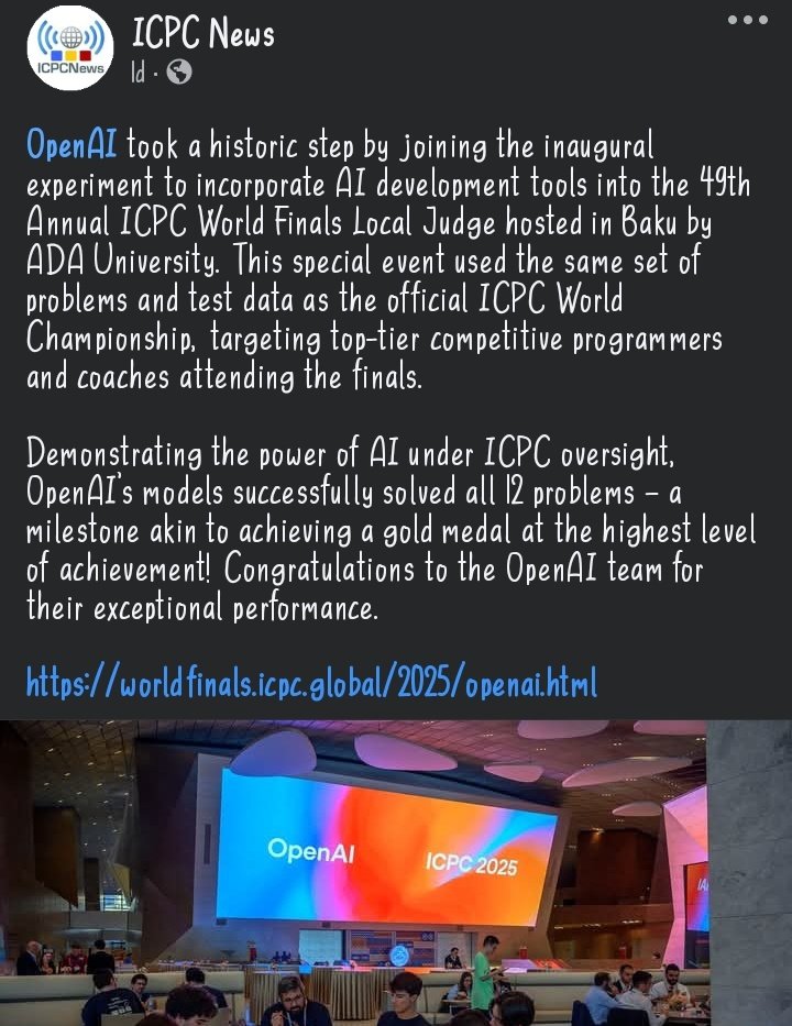 OpenAi models:
حل ال12 بروبلم بتاعت الofficial icpc وقدر يحقق gold medal
WTF..