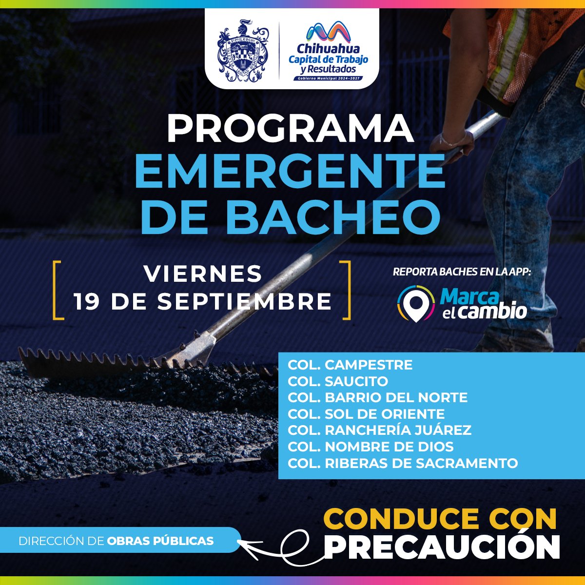¡Toma precauciones!🚗⚠️
Continúa el Programa Emergente de Bacheo en calles de las colonias Campestre, Saucito, Barrio del Norte, Sol de Oriente, Ranchería Juárez, Nombre de Dios y Riberas de Sacramento. Reporta al 📞 072 o en la aplicación 📲 Marca el Cambio.
#TrabajoyResultados