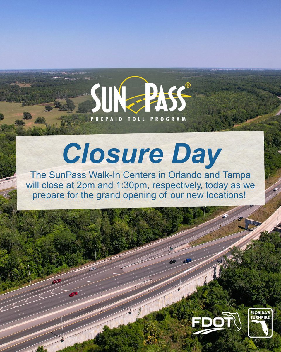 Today’s the last day! 

The SunPass Walk-In Centers in Orlando and Tampa will close at 2pm and 1:30pm, respectively, today as we prepare for the grand opening of our new locations!

Need help over the weekend? Visit SunPass.com or use the SunPass Mobile App. #SunPass