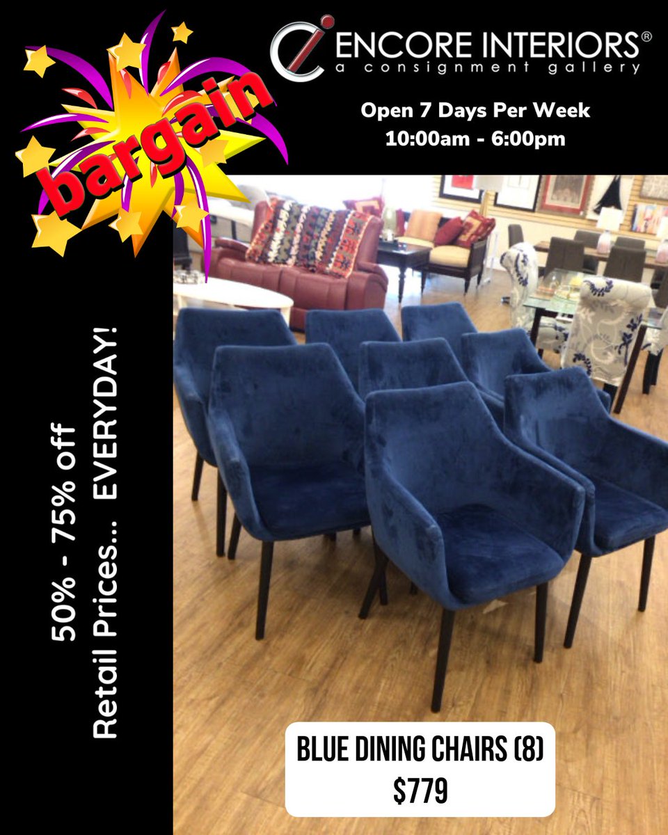 ConsignmentFLA's tweet image. Gather around the table in style with this stunning set of 8 plush blue dining chairs — all for just $779! Perfect for creating a chic, comfortable dining space

#DiningRoomGoals #HomeStyle #ConsignmentFinds #FurnitureDeals #BlueChairs #HomeDesign #EncoreInteriors #FurnitureInspo