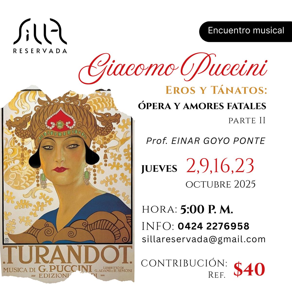En la 2ª parte de nuestro taller viajaremos por Madame Butterfly, La fanciulla del West, Il trittico, La rondine y Turandot: pasión, sacrificio y misterio.
🎶 Más que ópera, una experiencia emocional de la mano de <a href="/altoynitido/">Einar Goyo Ponte</a> 
#GiacomoPuccini #opera #tallermusical