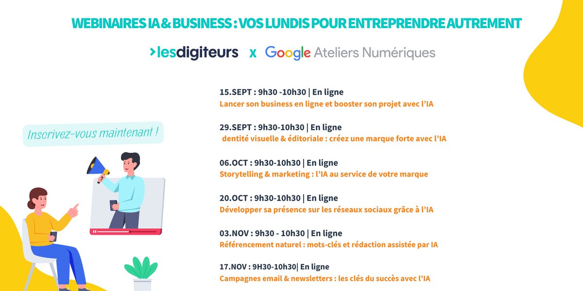 🚀 Accélérez votre business avec l’IA !

👉 Webinaires gratuits by <a href="/lesdigiteurs/">Les Digiteurs</a> (<a href="/CCI_Paris_IdF/">CCI Paris IdF</a> ) &amp; Google Ateliers Numériques
📅 Chaque lundi 9h30-10h30
✨ Prochaines dates :  29/09, 06/10, 20/10…
✅ Inscrivez-vous : lesdigiteurs.fr/agenda

<a href="/PKuchly57/">Pierre KUCHLY</a>