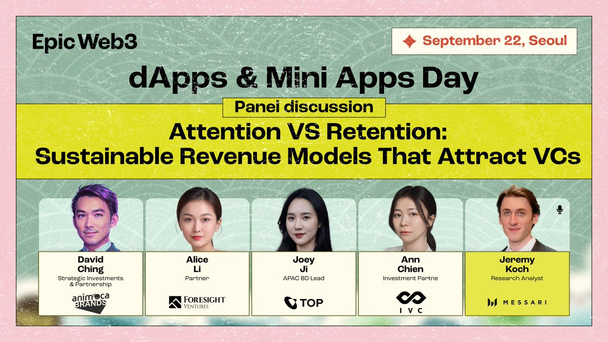 Epic Web3 🧞♂️ | 🔜 Token2049 (@epicweb3) on Twitter photo Hype is easy. Keeping people around is hard. Let’s talk about what actually works.
Come to "Attention VS Retention: Sustainable Revenue Models That Attract VCs" to understand what's what.
Speakers:
<a href="/0xAbcdave/">Dave C</a>, CFO, <a href="/animocabrands/">Animoca Brands</a>
<a href="/AliceL991/">Alice</a>, Partner, <a href="/ForesightVen/">Foresight Ventures </a>
Joey Ji, APAC Hype is easy. Keeping people around is hard. Let’s talk about what actually works.
Come to "Attention VS Retention: Sustainable Revenue Models That Attract VCs" to understand what's what.
Speakers:
<a href="/0xAbcdave/">Dave C</a>, CFO, <a href="/animocabrands/">Animoca Brands</a>
<a href="/AliceL991/">Alice</a>, Partner, <a href="/ForesightVen/">Foresight Ventures </a>
Joey Ji, APAC