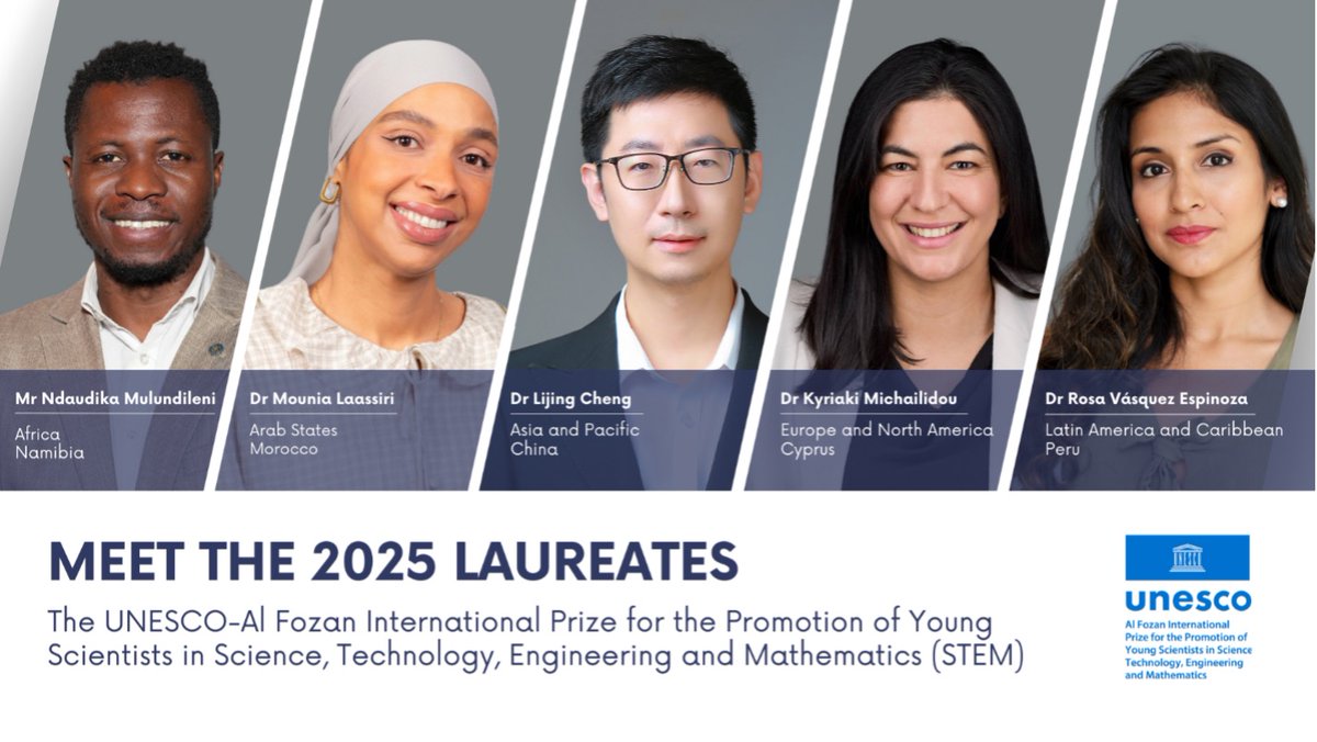 Discover the 5 emerging scientists awarded the <a href="/UNESCO_AlFozan/">UNESCO-Al Fozan Prize</a> International Prize for the Promotion of Young Scientists #STEM.

Coming from China 🇨🇳, Cyprus 🇨🇾, Morocco 🇲🇦, Namibia 🇳🇦 and Peru 🇵🇪, they are hailed for their significant contributions to advancing science and