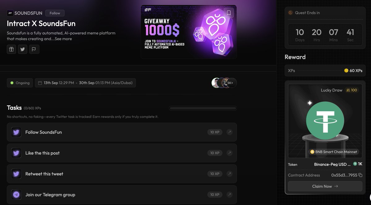 soundsfun_AI's tweet image. 🚨 ATTENTION, HUNTERS! 🚨

Our quest is live on the @IntractQuests  platform 🎯
And no, it’s not about “collect 100 carrots on a farm” 🥕😂

This one is for real:
👉 complete tasks
👉 grab rewards 💸

Link for the chosen ones 👉 quest.intract.io/quest/68c2939e…

Who’s ready to farm some…