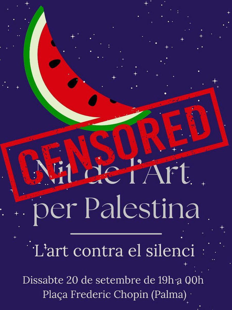 🚨 ESCÀNDOL 

L’alcalde censura un acte de suport a Palestina durant la Nit de l’Art.

❌ Segueix el camí d’Ayuso i silencia la denúncia del genocidi.

📍 Demà a les 20.30 h, a Plaça Chopin, hi serem. Per Palestina, per la llibertat, pels drets humans.