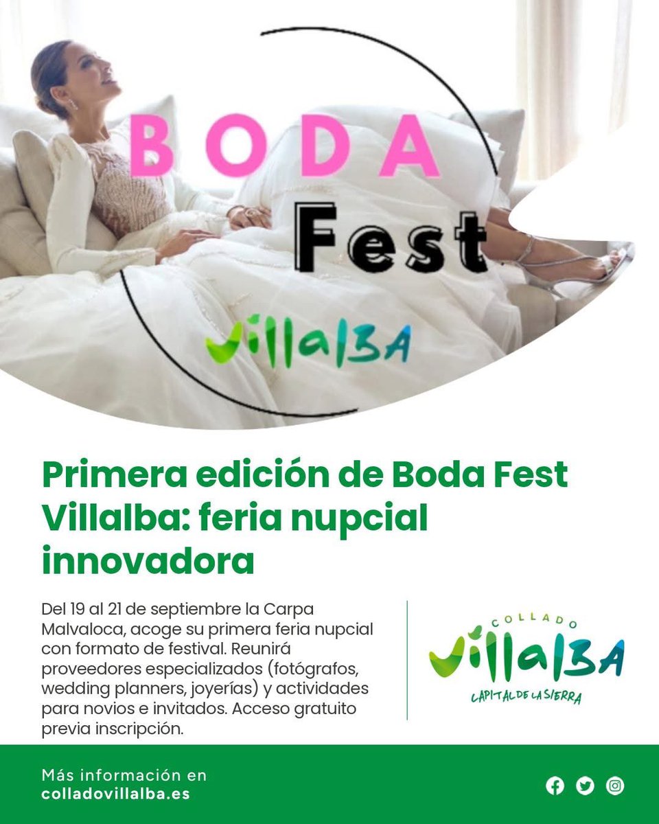 VillalbaActiva's tweet image. 💍 ¡𝐁𝐨𝐝𝐚 𝐅𝐞𝐬𝐭 #𝐕𝐢𝐥𝐥𝐚𝐥𝐛𝐚 𝐞𝐬𝐭𝐞 𝐟𝐢𝐧 𝐝𝐞 𝐬𝐞𝐦𝐚𝐧𝐚!💐Una innovadora feria nupcial del 19 al 21 sept en la Carpa Malvaloca dirigida a novios e invitados.ñ✨

🎫 ¡Entrada gratuita previa inscripción!
#ColladoVillalba #Bodas #Boda #Eventos #Mecaso #Siquiero