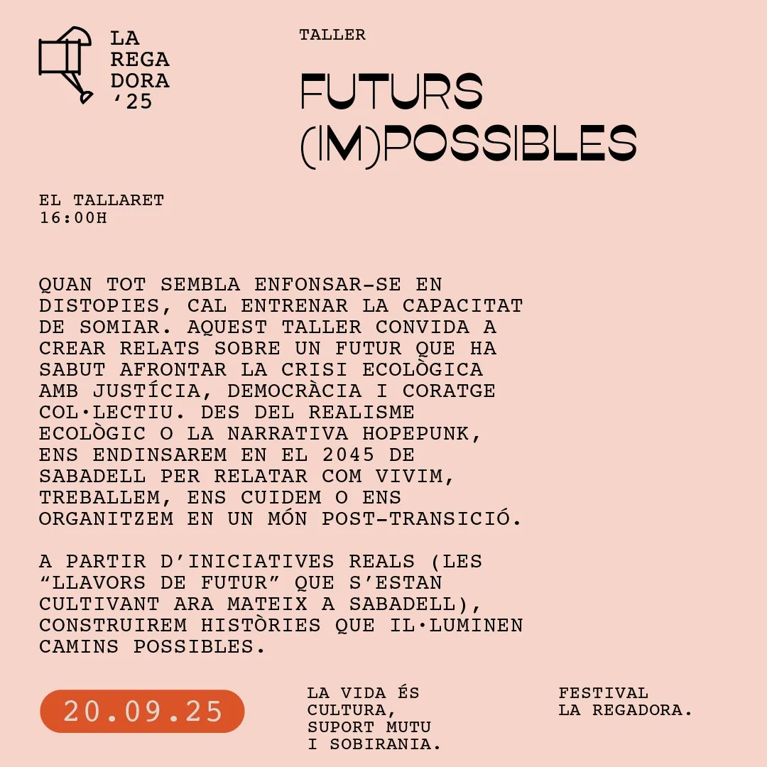 Xarxa d'Economia Solidària de Catalunya (@xes_cat) on Twitter photo 📅Aquest dissabte a Sabadell torna el Festival
<a href="/laregadoraSBD/">La Regadora - Ciutat de les alternatives</a> amb diferents propostes per abordar la #TransicióEcosocial
Entre d'altres, la dinàmica XES de portades de futur, una acció amena i participativa per albirar futurs sense distopies
👇
xes.cat/infoxes/2025/0… 📅Aquest dissabte a Sabadell torna el Festival
<a href="/laregadoraSBD/">La Regadora - Ciutat de les alternatives</a> amb diferents propostes per abordar la #TransicióEcosocial
Entre d'altres, la dinàmica XES de portades de futur, una acció amena i participativa per albirar futurs sense distopies
👇
xes.cat/infoxes/2025/0…