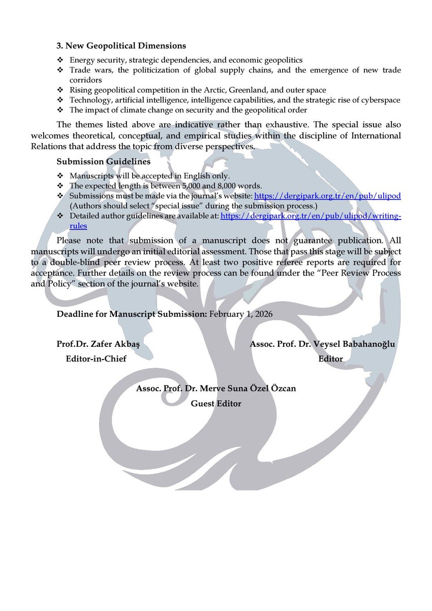 Dear Researchers,
The Journal of International Relations and Politics (ULIPOD) is pleased to announce a special issue titled Geopolitical Fault Lines in the 21st Century. The guest editor of this issue is Assoc. Prof. Dr. Merve Suna Özel Özcan <a href="/MarvelSuna/">Merve Suna Özel Özcan</a> 
dergipark.org.tr/en/pub/ulipod/…