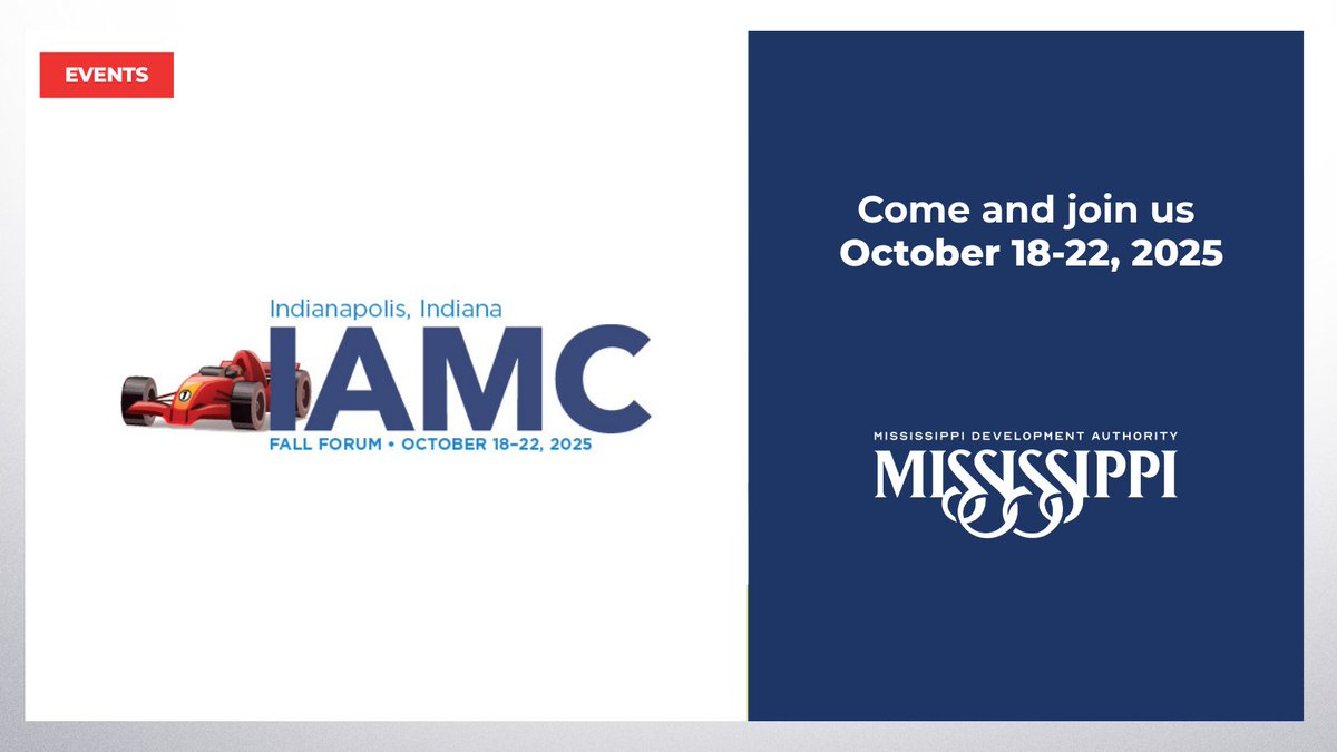 🗓️ 4 weeks until IAMC Fall Forum.

Mississippi has been with IAMC from the beginning, and we’re still breaking new ground with site selectors today.

From energy to AI, the future of industry is on the agenda. We’ll be there, ready to connect. 🤝