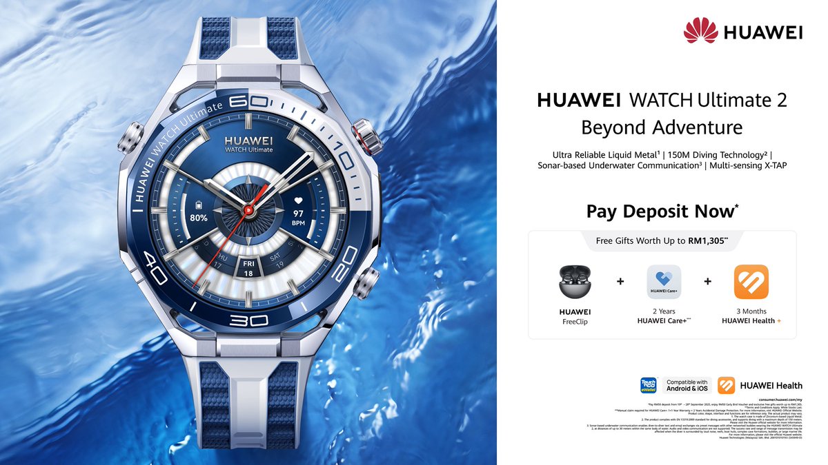 All new #HUAWEIWATCHUltimate2 — a premium design for advanced performance.

Pay deposit now! Enjoy RM50 Early Bird Voucher &amp; Free Gifts worth up to RM1,305*.

Learn More:
bit.ly/WATCHUltimate2…

*T&amp;C Apply. While stocks last.
#HUAWEIMY