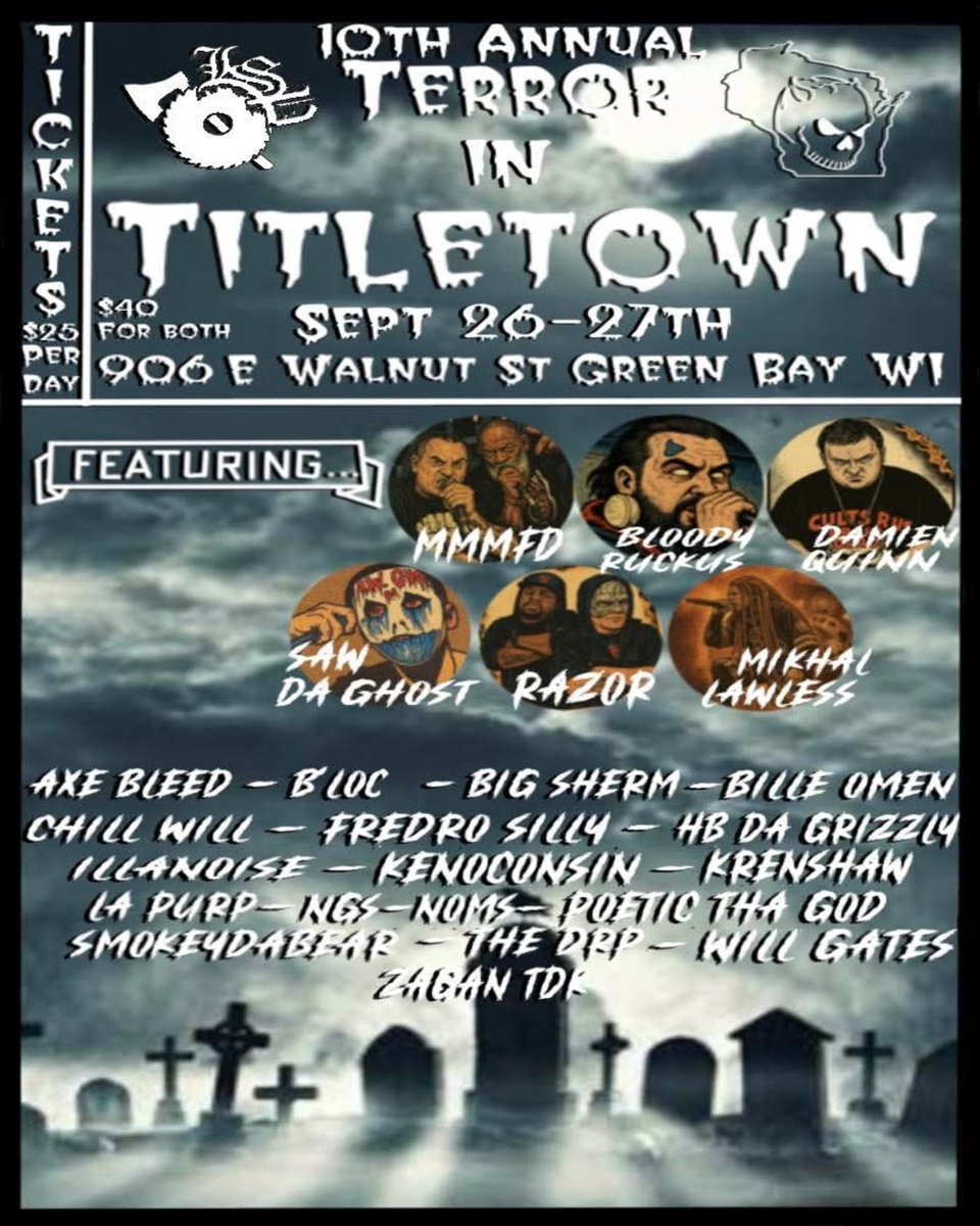 🧟‍♂️ Next Saturday September 27th catch this dead ass body rock the fxckin 10th Annual Terror In TitleTown show with my brothers from over at LSP 👆☝️!!! 
🙏 Its an honor to be back my 2nd year in a row and I am beyond pumped!!! 
🪦🥀DEADSIDE!!!

🧳✈️ So pack up your bags and meet