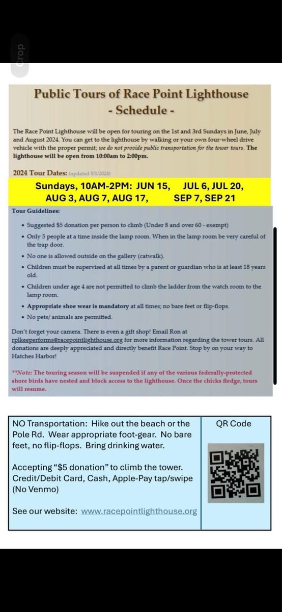 Race Point Lighthouse Tours scheduled for September 21 and October 12, 10-2.