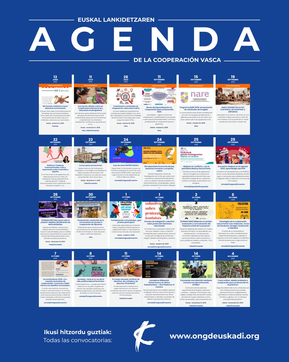 🗓️🔵 Euskal lankidetzaren AGENDA 👇🏾

<a href="/SetemHegoHaizea/">Setem Hego Haizea</a> <a href="/zehar_e/">Zehar-Errefuxiatuekin</a> <a href="/atlantikaldia/">Atlantikaldia</a> <a href="/haurralde/">Haurralde Fundazioa</a> <a href="/GGogoratuz/">Gernika Gogoratuz</a> <a href="/UNetxea/">UN Etxea</a> <a href="/FundacionAdsis/">Fundación Adsis</a> <a href="/PBI_EE/">PBI - Estado Español</a> <a href="/EconomiaJusta/">Economistas sin Fronteras</a> <a href="/procladeyanapay/">Proclade Yanapay</a> <a href="/medicusmundibiz/">medicusmundi Bizkaia</a> <a href="/REASEuskadi/">REAS Euskadi</a> <a href="/mugarikgabe/">Mugarik Gabe</a>

ℹ️ Ekitaldi guztiak / Todas las actividades 📲 ongdeuskadi.org/agenda