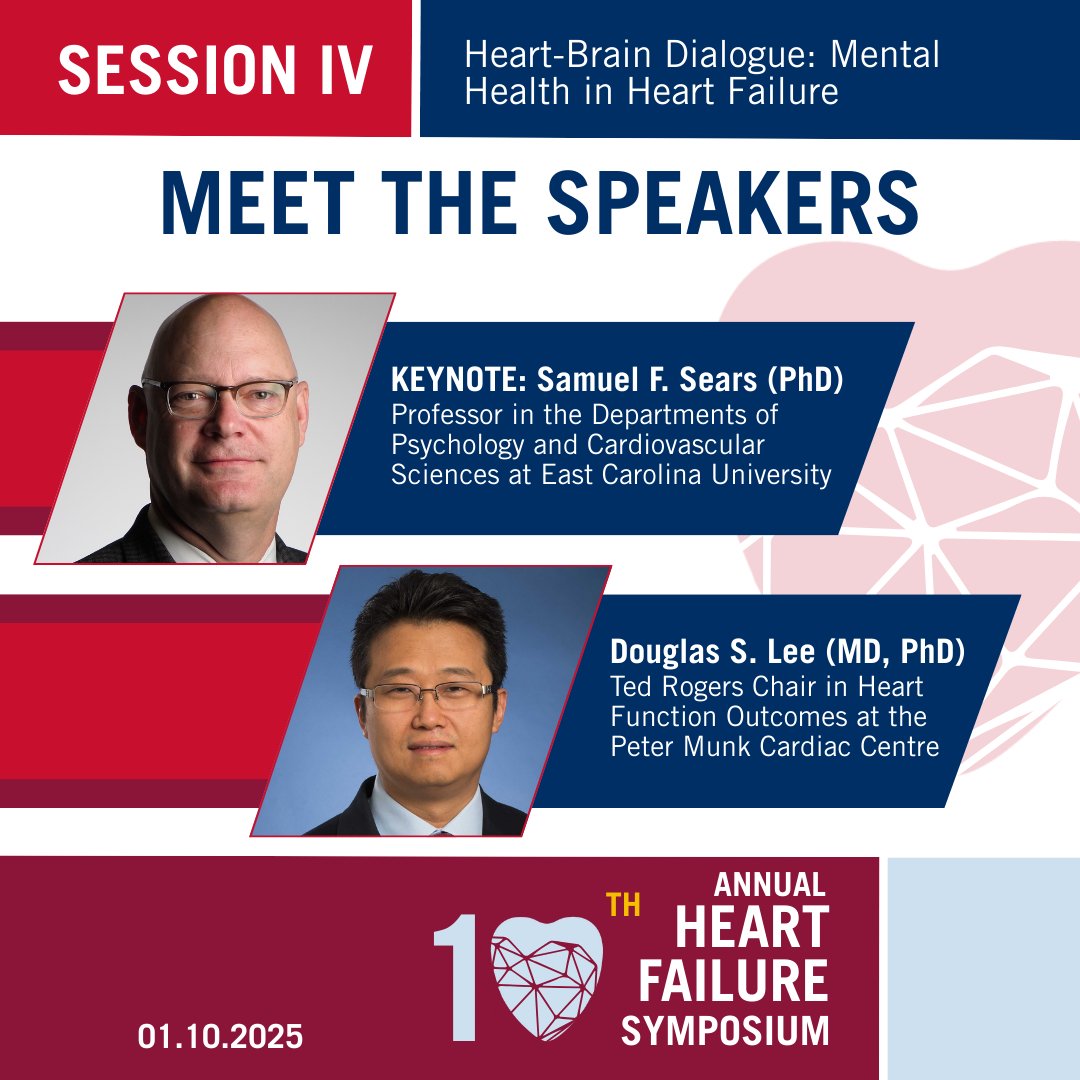 trogersresearch's tweet photo. Join our symposium — Session IV: Heart-Brain Dialogue: Mental Health in HF 🫀🧠
Learn from our speakers:
✅Dr. Samuel Sears (psychology)
✅Dr. Douglas Lee (cognition and HF)
Register: https://t.co/dsr2xoo0Za
#HFSymposium #HeartBrain #MentalHealth #HeartReseach https://t.co/YbpPN4ZB8l